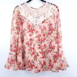 Disney Lauren Conrad Collab Sheer Lace Floral Blouse Bell Sleeve Lace Neckline M